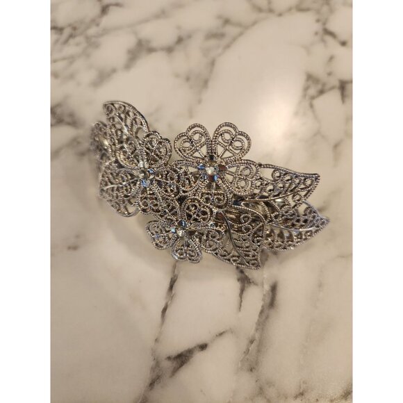 Silver Tone Filigree Floral Hair Clip Barrette With Rhinestones - Picture 1 of 5